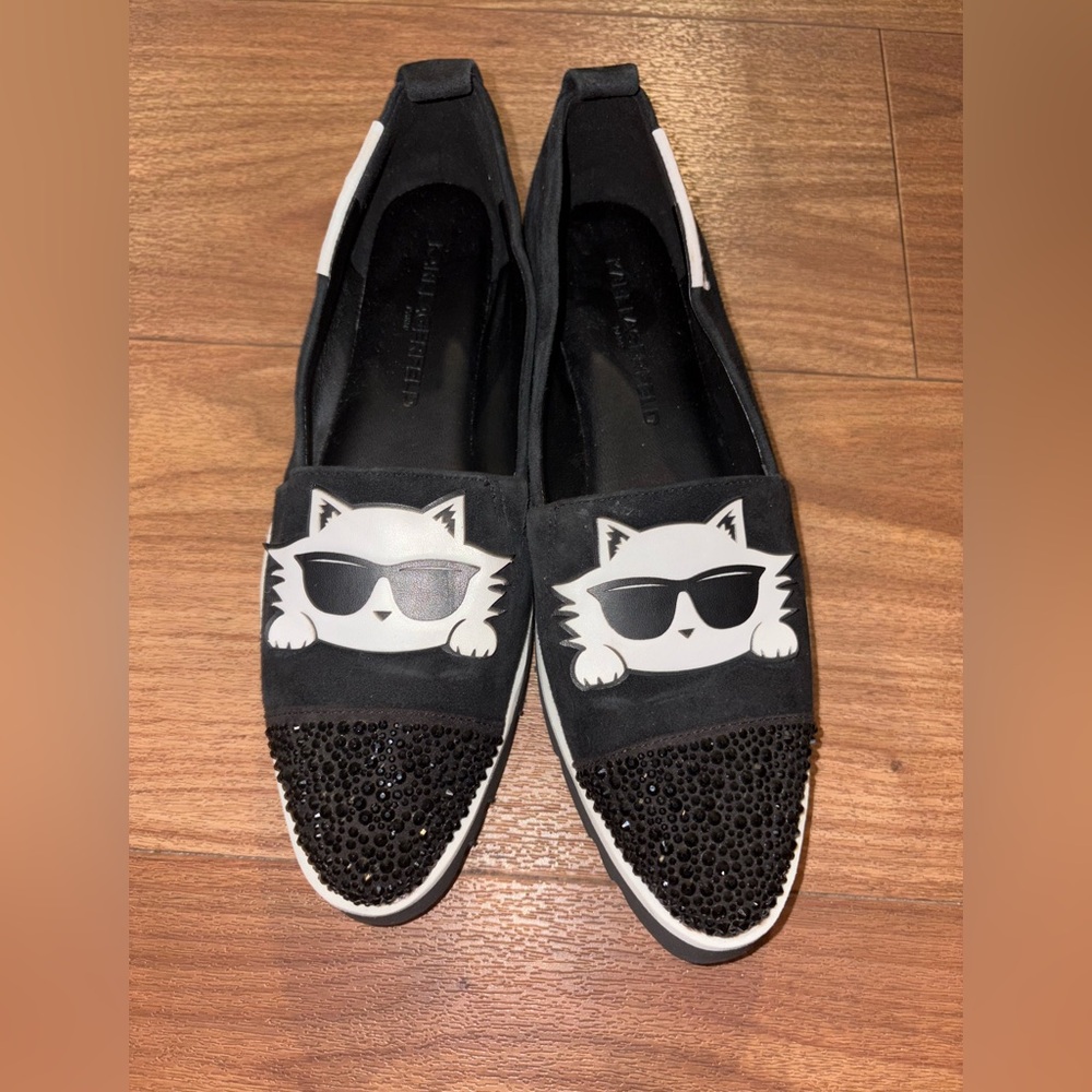 Karl Lagerfeld Cat Loafers Black Suede Rhinestone Studded 6m
